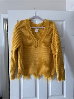 Main Strip Mustard Yellow Distressed V-Neck Sweater